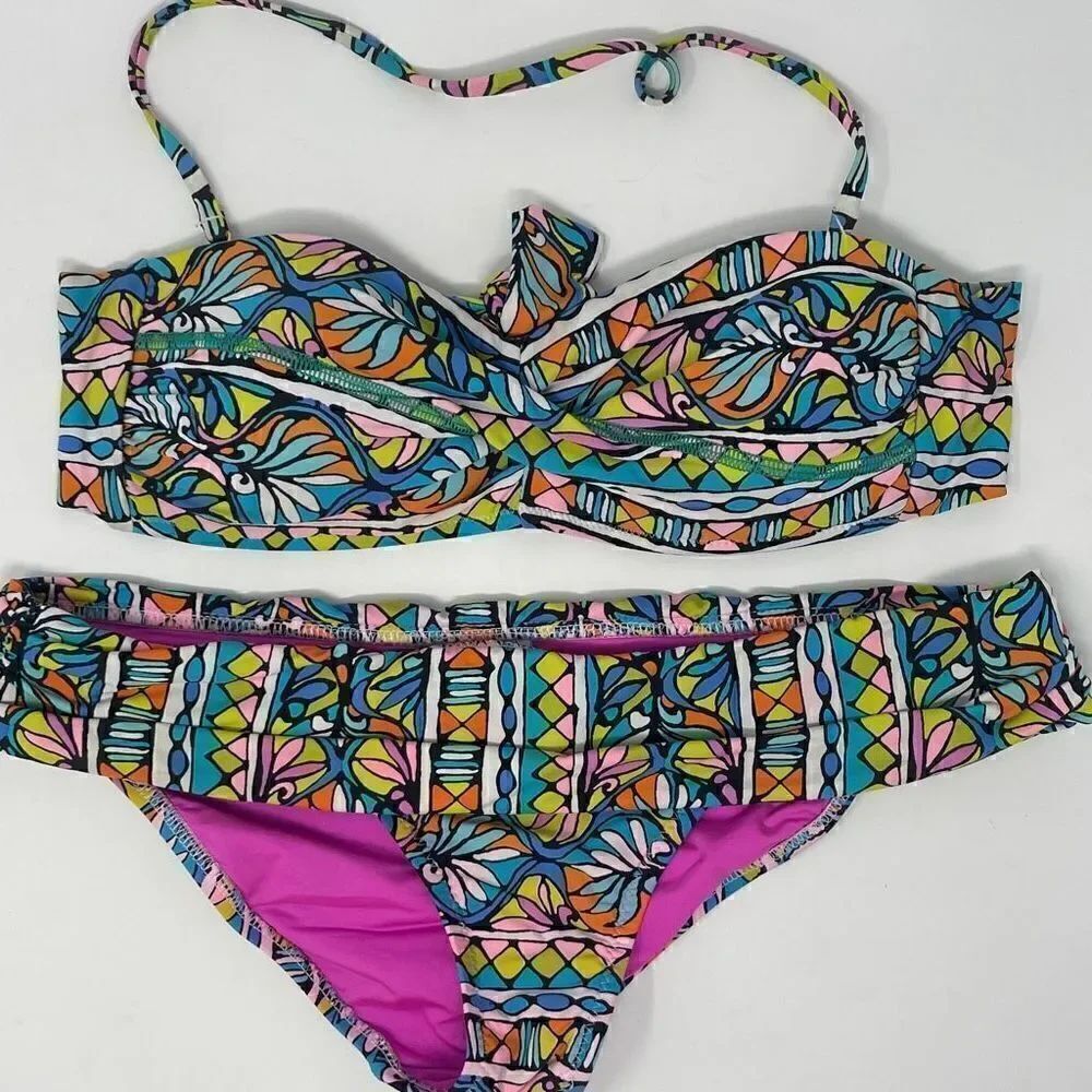 Trina Turk Two-Piece Bikini Halter Top Tie Back Multicolored Geometric Size 4